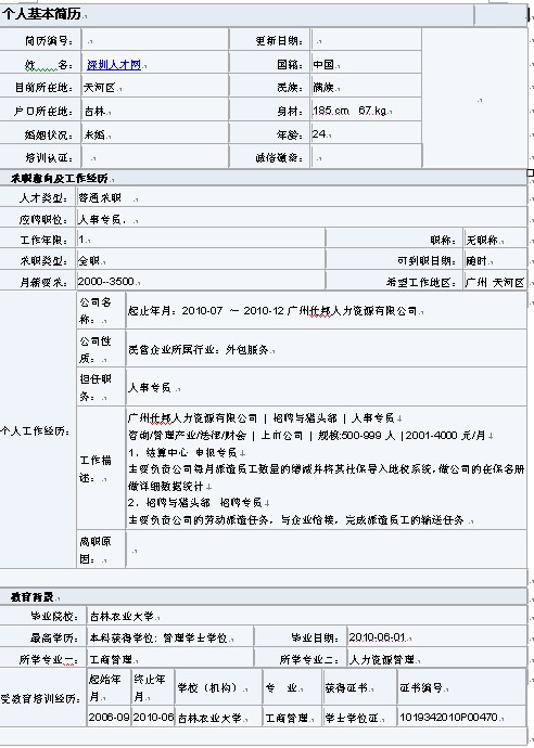 清爽版的人事專員簡歷表格