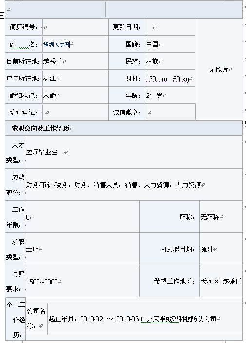 2011應屆大學生簡歷表格下載