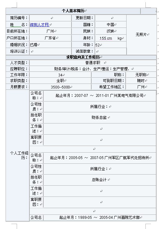 生產管理文員求職簡歷表格下載