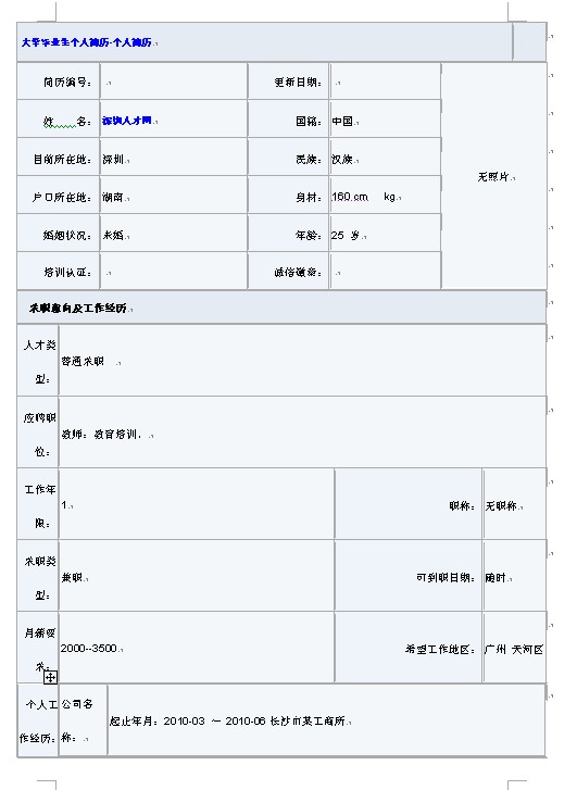 2011最新研究生求職簡歷表格下載