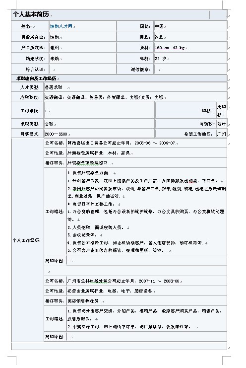 大專畢業生簡歷表格下載