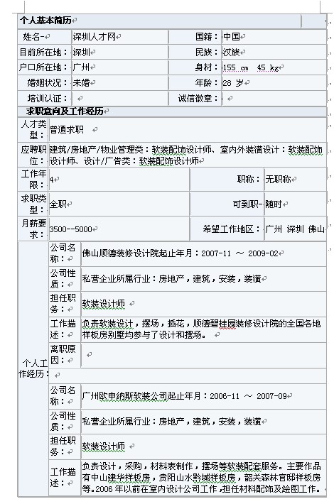 室內軟裝設計師簡歷表格模板下載