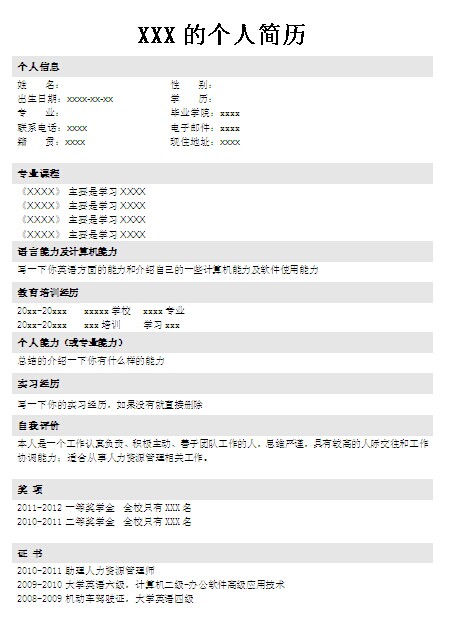人力資源管理專業應屆生個人簡歷表格