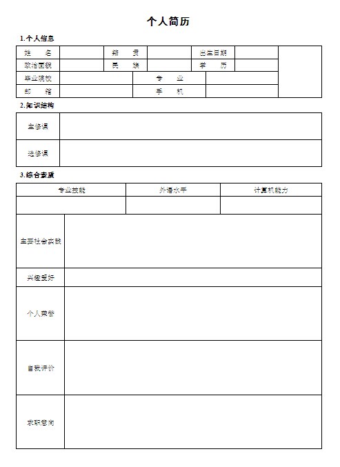 歷史專業實習簡歷表格