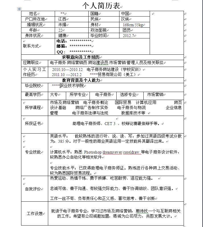 電子商務個人簡歷表格