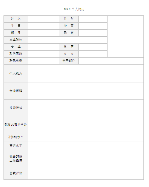 2015應屆生空白簡歷表格