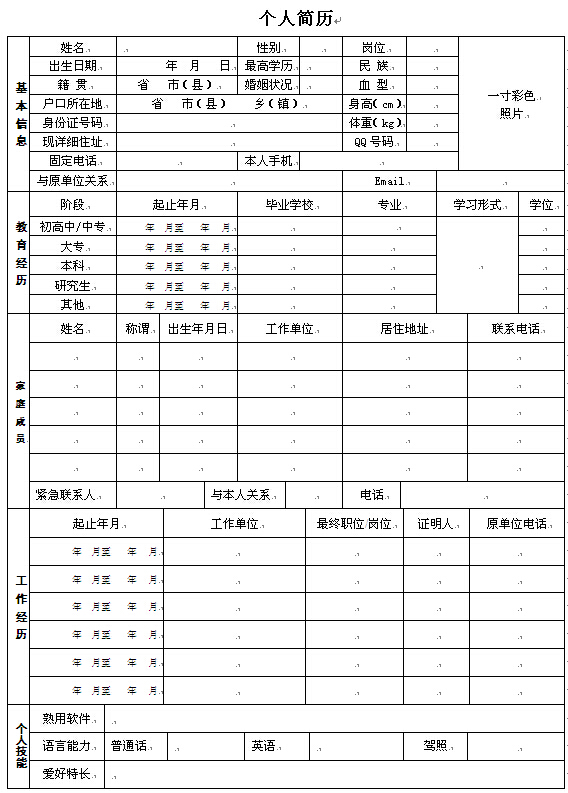 全面專業空白個人求職簡歷表格