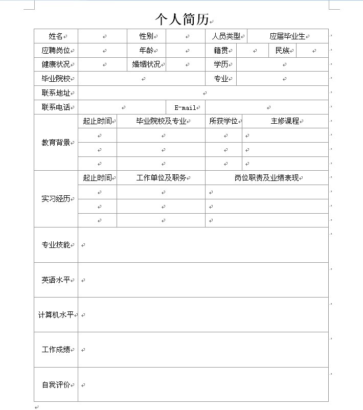 應屆畢業生個人簡歷表格